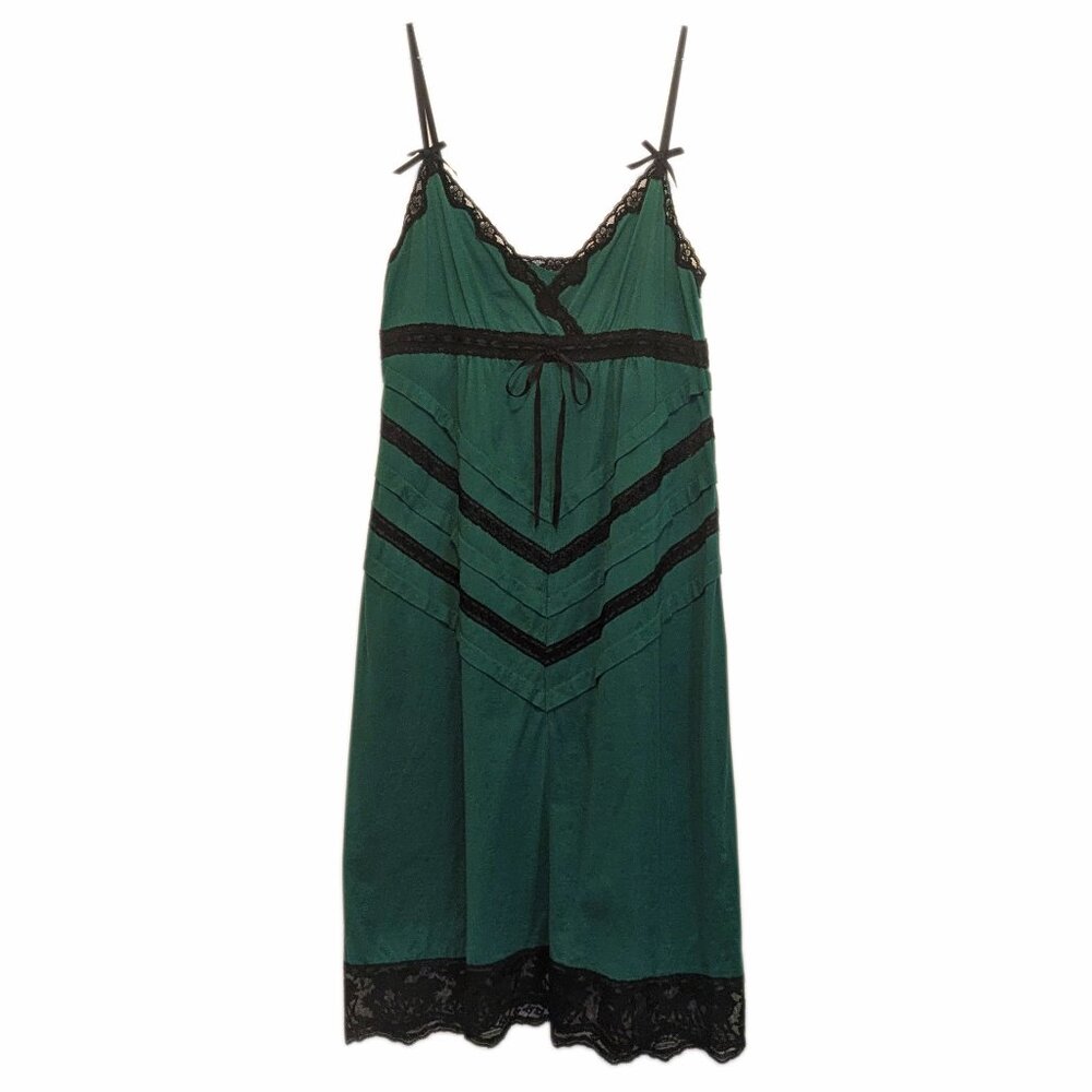KEITA MARUYAMA TEAL KNEE LENGTH DRESS WITH BLACK LACE AND RIBBON BOWS SIZE SMALL